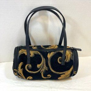 VTG Barrel Purse Black Corduroy Handbag Satchel w/Gold Metallic Swirls 10x5"
